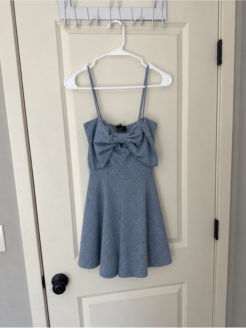 Women Sparkle Bow Strap romper- Light Blue. Worn once for NYE party